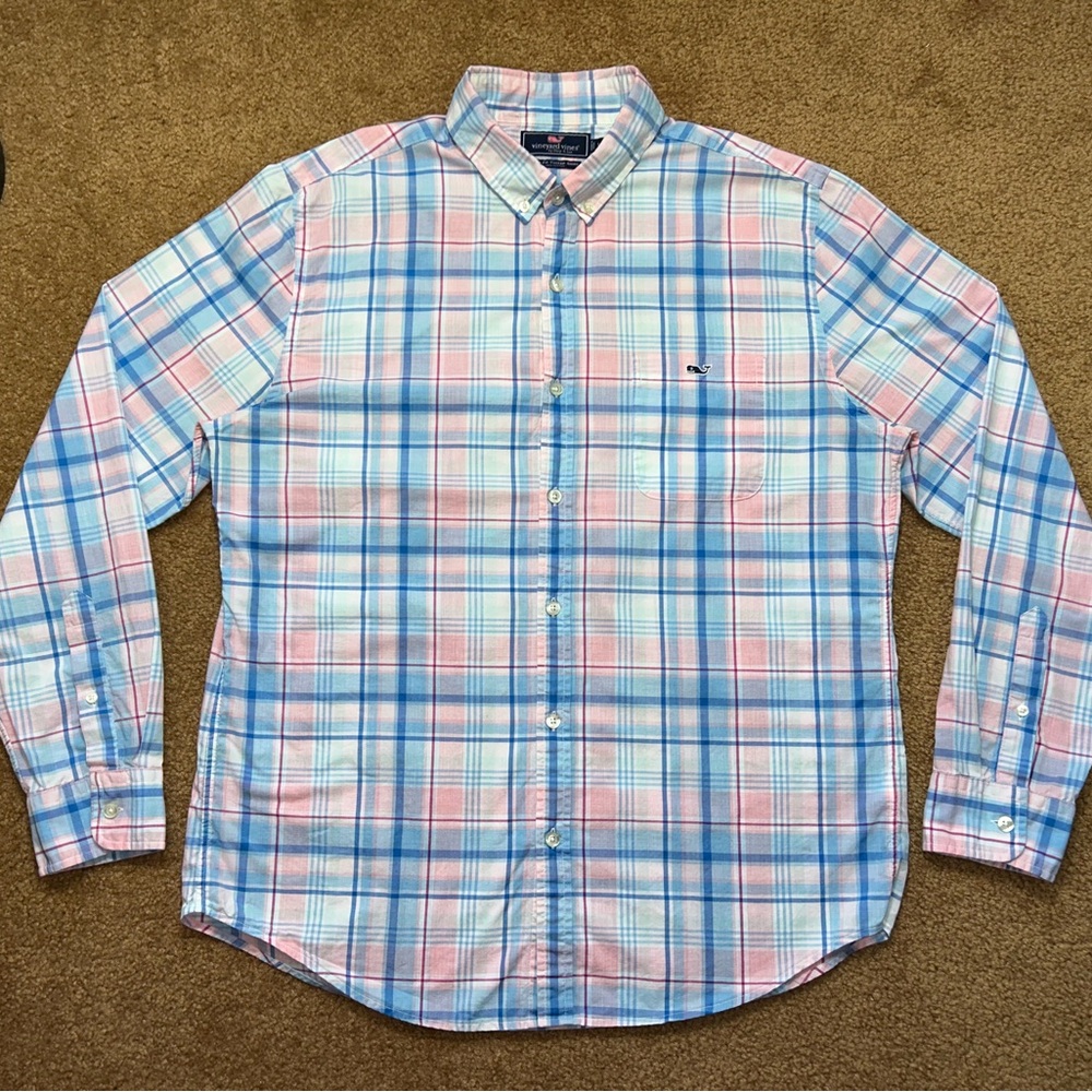 Vineyard Vines Men's Plaid Shirt in Blue and Pink